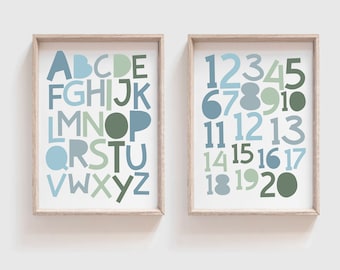 Set of 2 Alphabet And Number Prints, Boys Blue and Green Playroom Prints, ABC Print, Boys Nursery Prints, Playroom Wall Art, Alphabet Poster