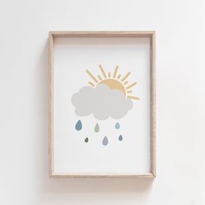 Peut inclure: Une impression encadrée avec une illustration simple d'un nuage gris avec un soleil jaune qui pointe derrière. Des gouttes de pluie bleues et vertes tombent du nuage.