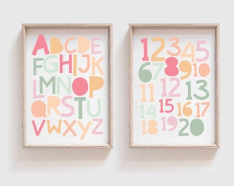 アルファベットと数字のプレイルームプリント2枚セット、ABCプリント、女の子の保育園プリント、パステルプレイルームプリント、プレイルームポスター、プレイルームウォールアート
