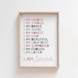 Girls Affirmation Print, I Am, Positive, Personalised, Affirmations, Childs Print, Girls Bedroom Decor, Playroom, Bedroom, Toddler Room
