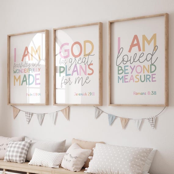 Set of 3 Bible Verse Prints, Christian Wall Art, Girls Nursery Prints, Girls Bedroom Decor, Scripture Prints, Girls Bedroom Prints, Rainbow
