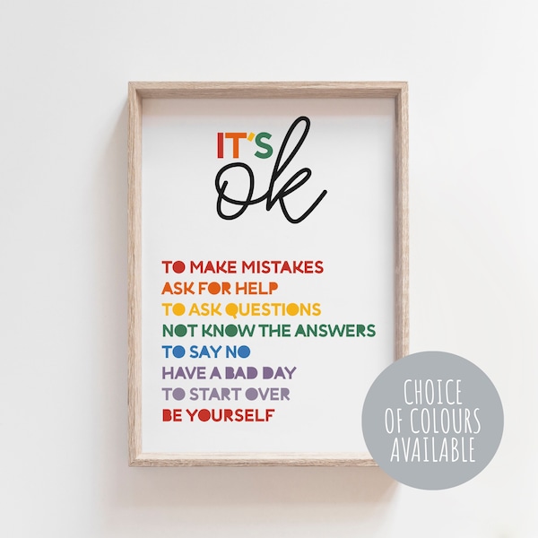 It's Okay to Not be Okay Poster, Rainbow Wall Art, Classroom Decor, Classroom Posters Quotes, Educational Wall Art, Be Yourself, Playroom