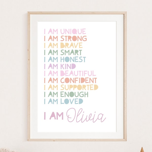 Mädchens Affirmation Print, Mädchen Schlafzimmer Dekor, Pastell Farben, Regenbogen Wand Kunst, Positive Prints, Mädchen Kinderzimmer, Spielzimmer Dekor