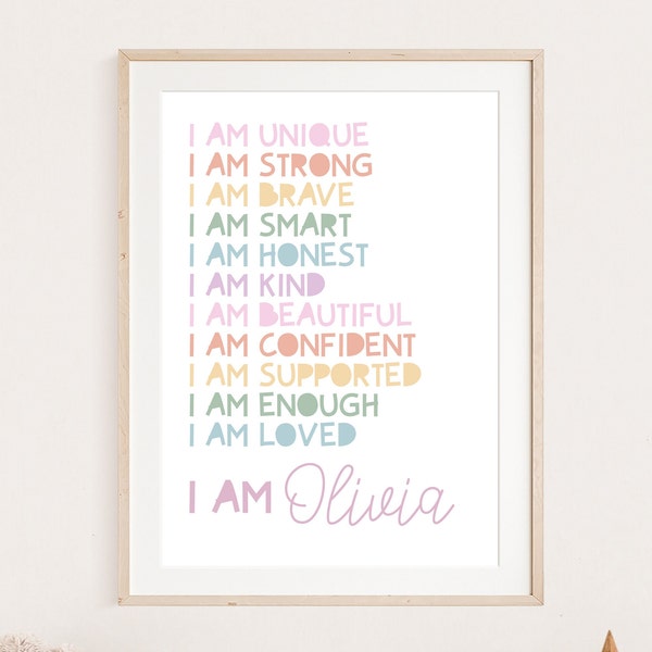 Girls Personalised Affirmation Print, Girls Bedroom Decor, Pastel Colours, Rainbow Wall Art, Positive Prints, Girls Nursery, Playroom Decor