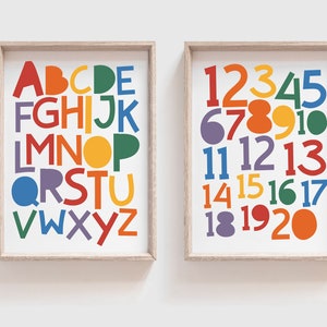 2er Set Alphabet & Zahlen Prints, Regenbogen ABC Print, Spielzimmer Prints, Spielzimmer Wandkunst, Alphabet Poster, Zahlen Poster, Lernkunst