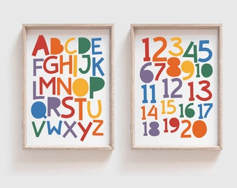 Set of 2 Alphabet & Numbers Prints, Rainbow ABC Print, Playroom Prints, Playroom Wall Art, Alphabet Poster, Numbers Poster, Educational Art