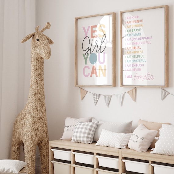 2 Girls Personalised Affirmation Prints, Girls Bedroom Prints, Girls Bedroom Decor, Motivational Prints, Pastel Colours, Playroom Prints,