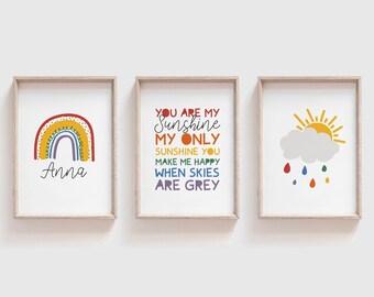 Set of 3 Girls Nursery Prints, You Are My Sunshine Nursery Wall Art, Boys Nursery Prints, Rainbow Prints, Girl Bedroom Prints, Boys Bedroom