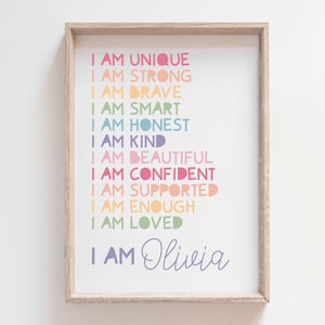 Girls Affirmation Print, I Am, Positive, Personalised, Affirmations, Rainbow, Childs Print, Girls Bedroom Decor, Playroom, Toddler Room