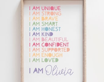 Girls Affirmation Print, I Am, Positive, Personalised, Affirmations, Rainbow, Childs Print, Girls Bedroom Decor, Playroom, Toddler Room