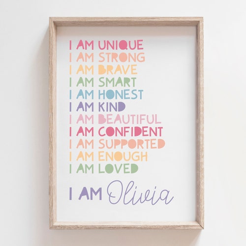 Impression affirmations filles, Je suis positif, personnalisé, affirmations, arc-en-ciel, imprimé enfant, décoration de chambre de filles, salle de jeux, chambre de bébé