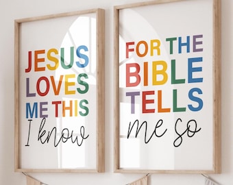 Jesus Loves Me Print, Kids Christian Wall Art, Christian Nursery Prints, Bible Verse Wall Art, Girls Bedroom Decor, Rainbow Prints set of 2
