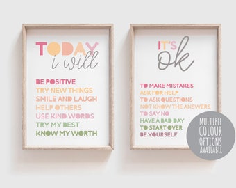 2 Positive Affirmations prints For Kids, Educational Posters, Girls Bedroom Decor, Girls Wall Art, Self Love, Kids Motivational Posters