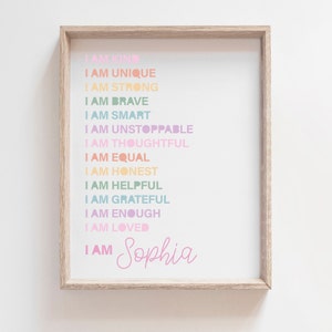 Girls Affirmation Print, I Am, Positive, Personalised, Affirmations, Rainbow, Childs Print, Girls Bedroom Decor, Playroom, Toddler Room