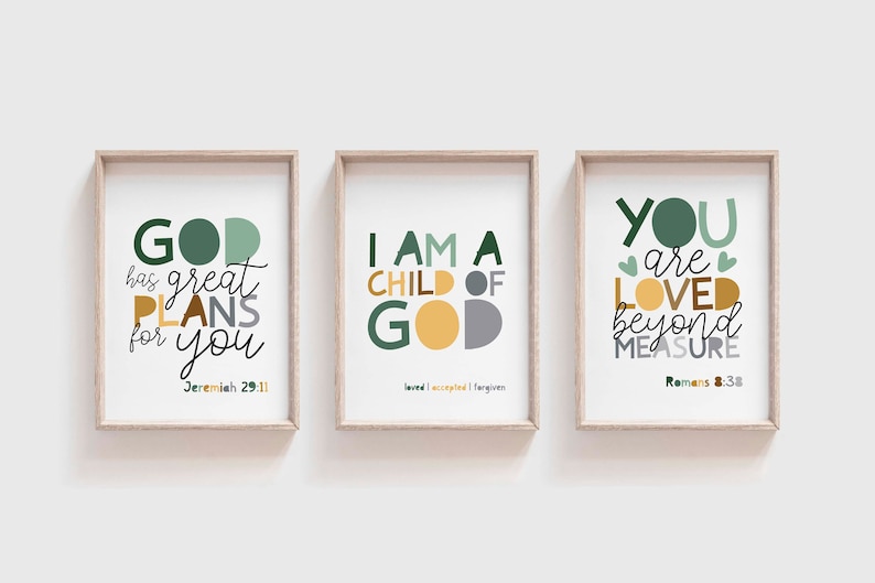 May include: Three framed prints with inspirational quotes and bible verses. The first print is green and gold and says "God has great plans for you - Jeremiah 29:11". The second print is green, gold, and gray and says "I am a child of God - loved, accepted, forgiven". The third print is green, gold, and gray and says "You are loved beyond measure - Romans 8:38".