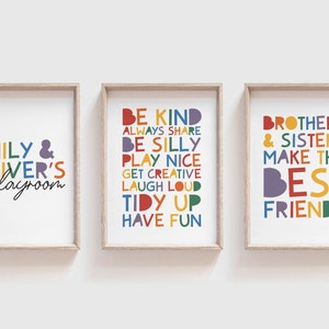 Juego de 3 impresiones para sala de juegos, arte de pared para sala de juegos, sala de juegos colorida, impresiones de hermano y hermana, impresiones para guardería de niñas, arte de pared para niñas, habitación de niños