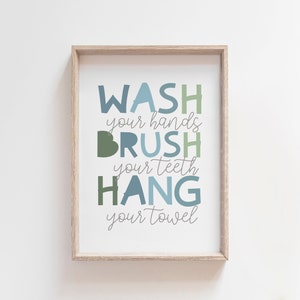 Wash Your Hands, Brush Your Teeth, Hang Your Towel Print, Kids Bathroom Prints, Bathroom Signs, Bathroom Rules, Bathroom Wall Art