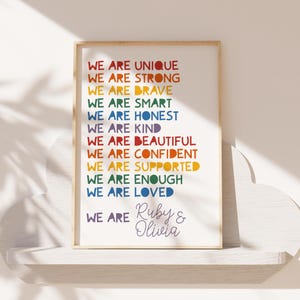 Affirmation Print, We Are, Positive, Personalised, Affirmation, Rainbow, Childs Print, Sibling Prints, Brothers, Sister, Playroom, Colourful