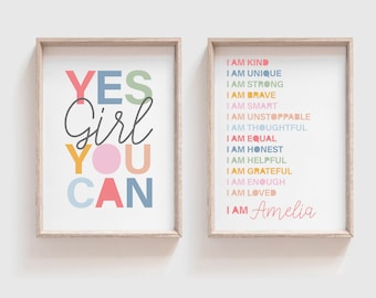 2 Girls Positive Affirmation Prints, Girls Bedroom Decor, Girls Wall Art, Girls Bedroom Quotes, Brave, Loved, Beautiful, Girls Nursery Print