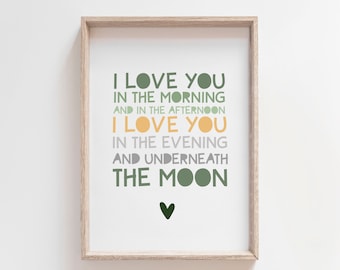 Ich liebe Dich am Morgen und am Nachmittag Poster, Jungen-Kinderzimmer-Drucke, Jungen-Kinderzimmer-Wandkunst, Mond-Druck, Jungen-Schlafzimmer-Deko, Spielzimmer