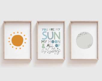3er Set Kinderzimmer Prints, Jungen Kinderzimmer Drucke, Jungen Wandkunst, Spielzimmer Drucke, Sonne und Mond Druck, Kinderzimmer Zitate, Jungen Schlafzimmer Dekor