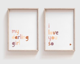 My Darling Girl I Love You So, set of 2, Girls Pastel Nursery Prints. Nursery Wall Art, Girls Bedroom Prints, Girl Wall Art, Home Decor