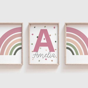 Set of 3 Girls Nursery Prints, Personalised Name Prints, Rainbow Wall Art, Blush Pink, Girls Bedroom Prints, Rainbow Prints, Girls Wall Art