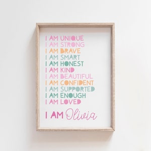 Girls Affirmation Print, I Am, Positive, Personalised, Affirmations, Childs Print, Girls Bedroom Decor, Playroom, Bedroom, Playroom, Teens