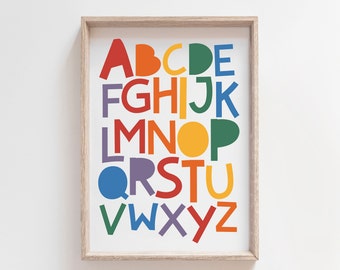 Regenboog alfabetafdruk, ABC-afdruk, speelkamerafdrukken, speelkamerkunst aan de muur, alfabetposter, cijfersposter, educatieve kunst, kleurrijke muurkunst