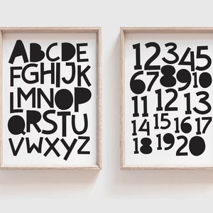 2er Set Monochrome Alphabet & Zahlen Prints, Jungen Kinderzimmer Prints, Monochrome ABC Print, Spielzimmer Prints, Spielzimmer Dekor, Alphabet Poster