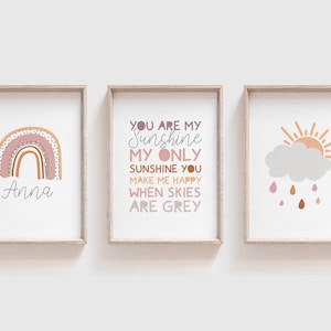 Set of 3 Girls Nursery Prints, You Are My Sunshine, Nursery Wall Art, Girls Bedroom Decor, Rainbow Prints, Girls Bedroom, Rainbow Wall Art