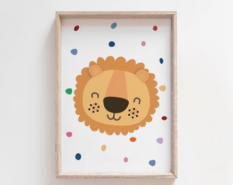 Lion Print, Safari Nursery, Boys Nursery Print, Kids Wall Art, Playroom Decor, Jungle, Wild and Free, Rainbow Print, Colourful Wall Art