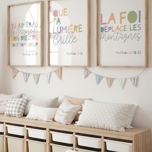 3 Französische Bibel Verse Drucke, Christliche Wandkunst, Kinderzimmer Drucke, Sonntagsschule Dekoration, Schrift Poster, Kirche