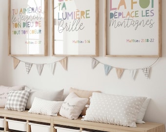 3 French Bible Verse Prints, Christian Wall Art, Nursery Prints, Nursery Wall Art, Sunday School Decor, Scripture Posters, Church
