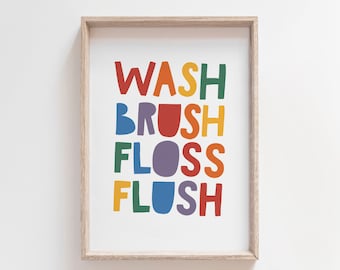 Impresión de cepillo de baño, hilo dental, reglas del baño, impresión del baño, impresiones del baño para niños, letreros para el baño para niños, decoración del baño, arte de pared para el baño