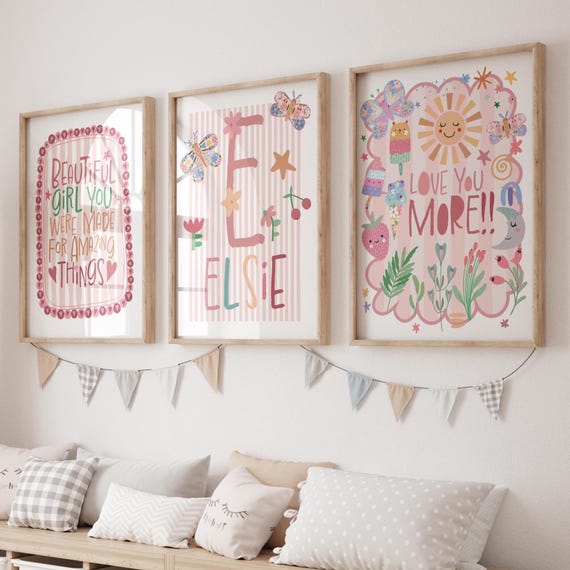 Girls Personalised Print Set of 3, Blush Pink, Girls Nursery Prints, Girls Bedroom Decor, Affirmation Prints, Playroom, Nursery Wall Art