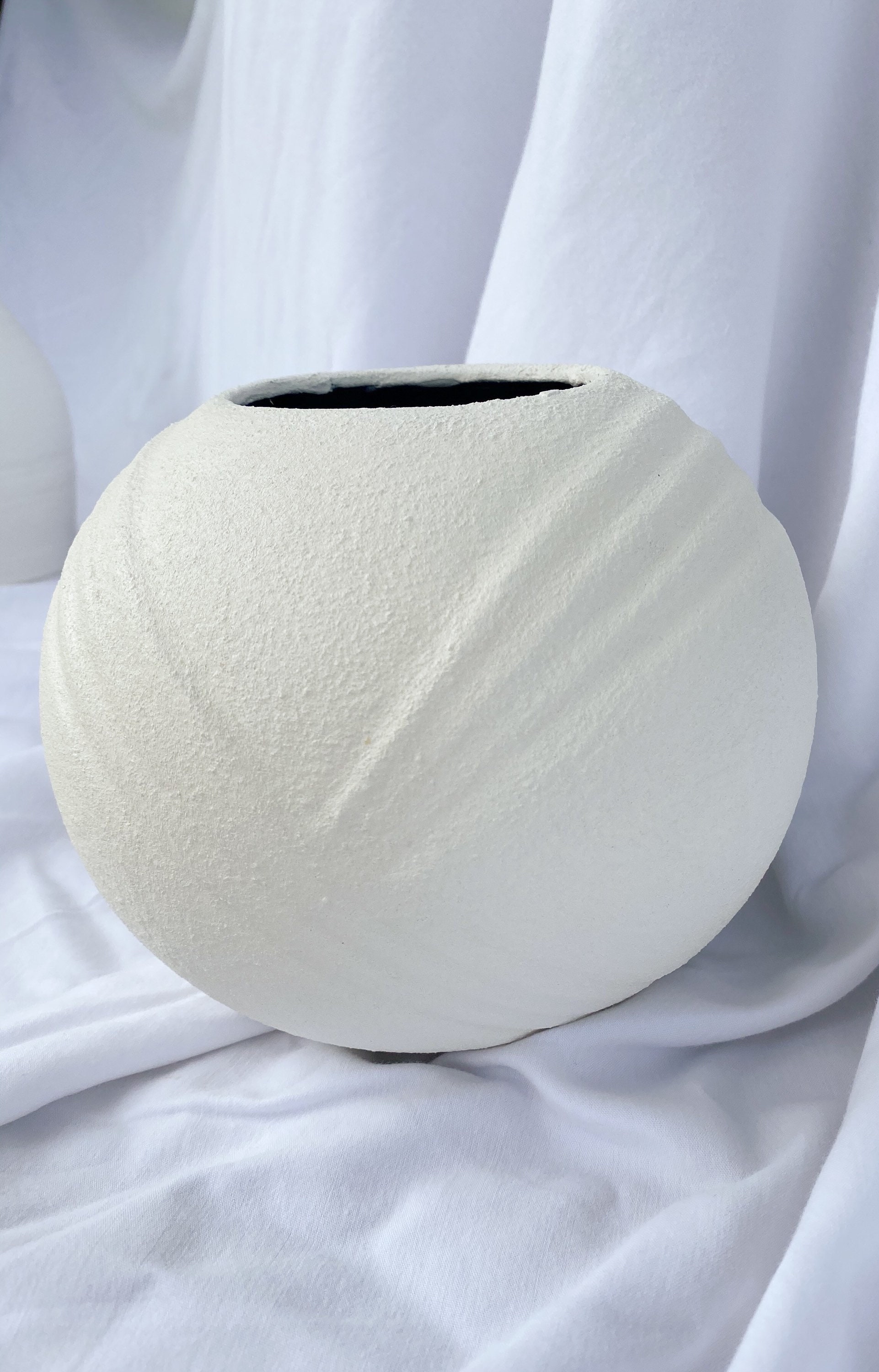 White Textured Round Vase Hand Painted Terracotta Style Etsy