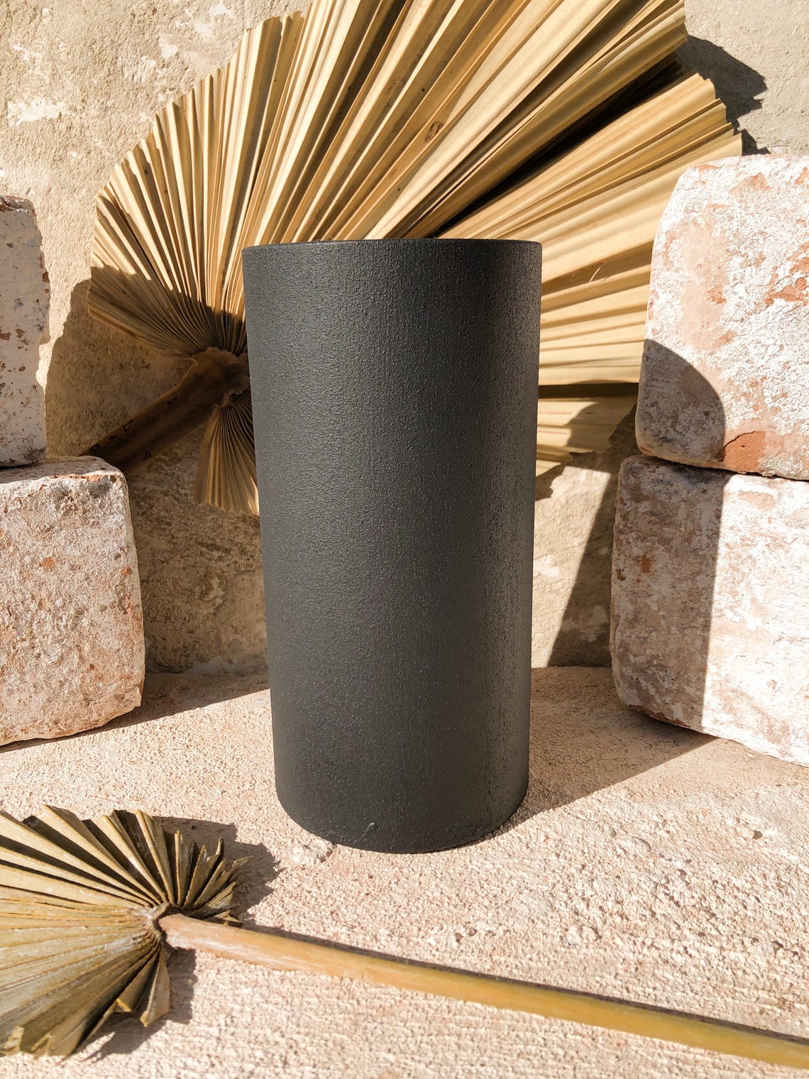 Black Cylinder Textured Dried Floral Vase Hand Painted Etsy