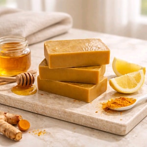 May include: Three golden-yellow rectangular soap bars are stacked. Beside the soap are lemon wedges, a jar of honey, a honey dipper, and a spoon of turmeric powder. Ginger root is also visible.