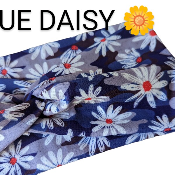 Blue Daisy Front Knot Headband, Floral hair accessories, headbands for women, wide headbands, For work or school, Casual every day wear