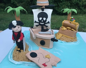 Edible Fondant Pirate, Pirate Ship, Treasure Chest and Cup Cake toppers