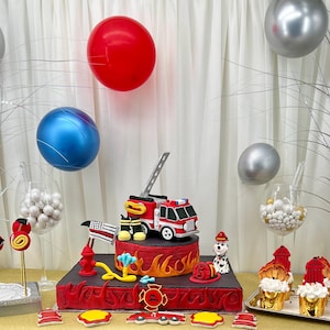 Edible Fondant Fire Truck Theme Cake Toppers and Cookies