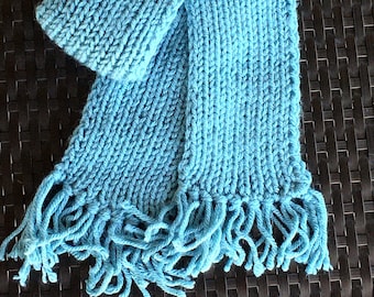 Hand Knit Turquoise Kids Scarf With Fringe