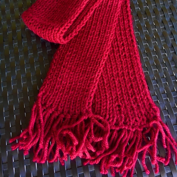 Hand Knit Red Kids Scarf With Fringe