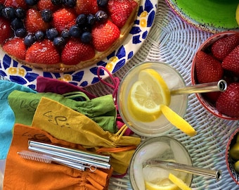 Conjunto de canudos reutilizáveis de aço inoxidável sustentável com bolsa colorida