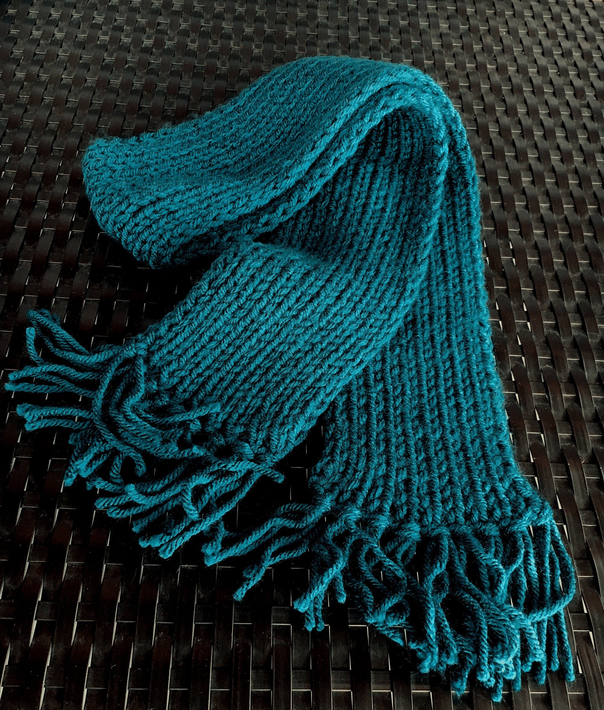 Hand Knit Teal Blue Kids Scarf With Fringe Etsy UK