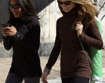 Lightweight Organic Slub Cotton Long Sleeve Layering Knit Womens Yoga City Seattle Popover Chocolate Mock Turtle Tunic Pullover With Pockets