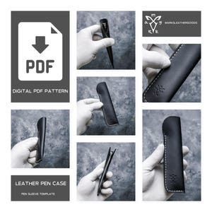 Puede incluir: Patrón PDF digital para una funda de bolígrafo de cuero. El patrón incluye instrucciones para crear una funda de bolígrafo con un diseño cosido y un logotipo. La imagen muestra una funda de bolígrafo de cuero negro con costuras blancas y un logotipo.