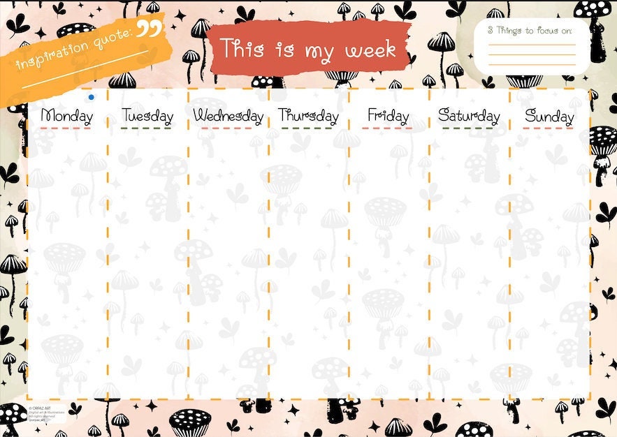Printable Weekly Planner// Fall Pattern - Mushrooms // Downdable Weekly ...