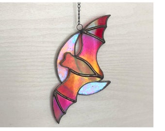 Bat on a Crescent Moon handmade using Stained Glass. Mysterious Symbol, colourful decorative glass art.